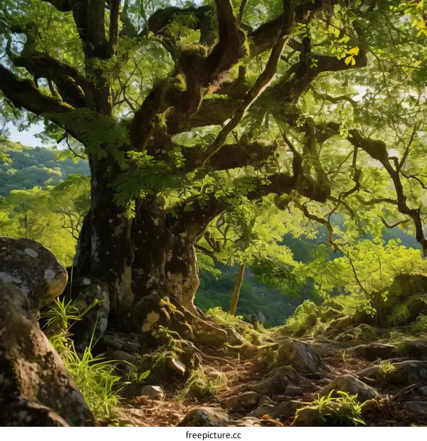 Sunlight shining through the branches of an ancient tree in the forest