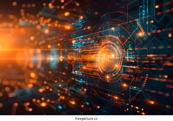 futuristic technology background with glowing orange and blue lights