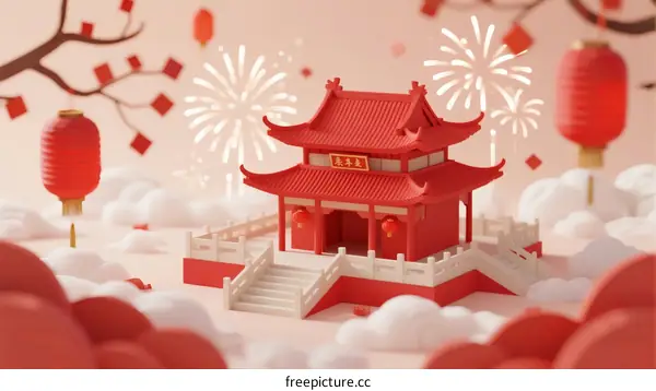 Red Chinese Pavilion with Fireworks and Lanterns in Clouds