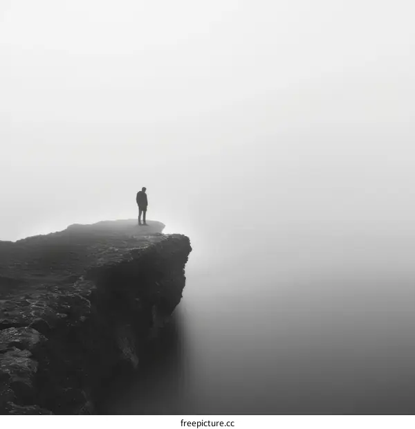 Man standing alone on a cliff edge looking out at a foggy landscape