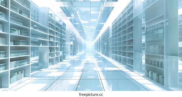 Futuristic Library Interior Design With Bookshelves And White Floor