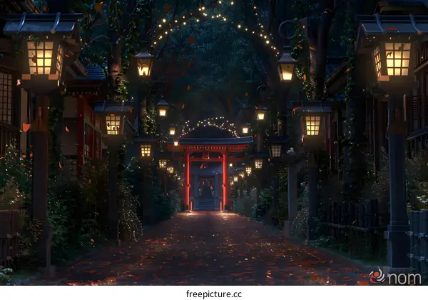 Japanese Shrine at Night with Red Torii Gate and Lanterns in the Forest
