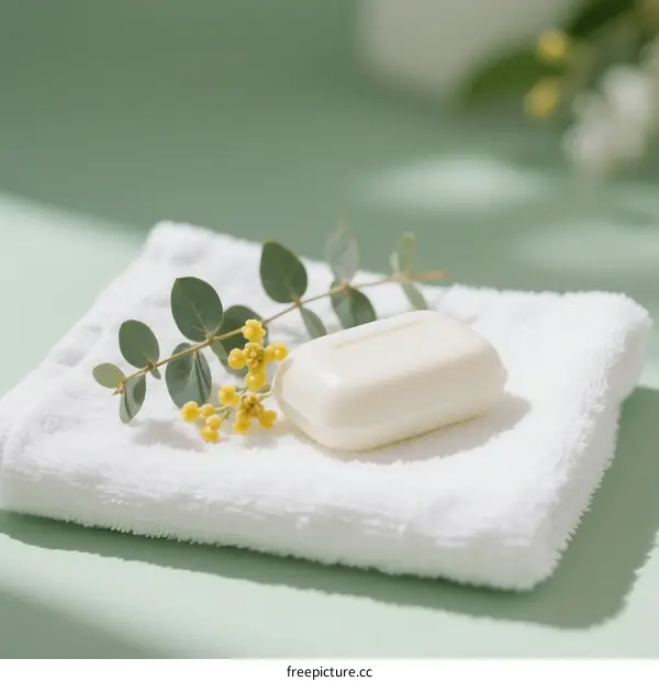 White Bar Soap on Fluffy White Towel with Green Leaves