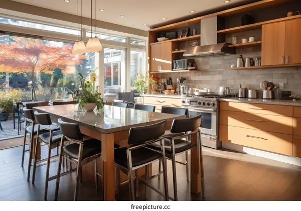 Modern kitchen with wood cabinets and stainless steel appliances