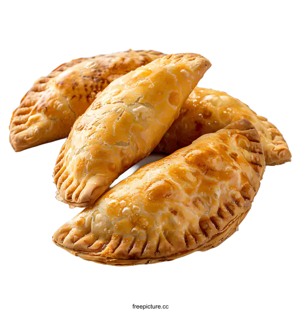 [Transparent Background PNG]Four baked empanadas on a white background
