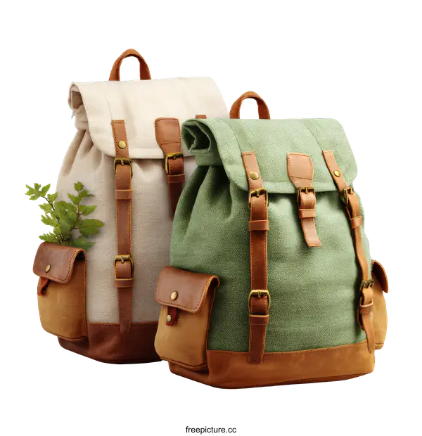 [Transparent Background PNG]Two Vintage Canvas Backpacks on White Background