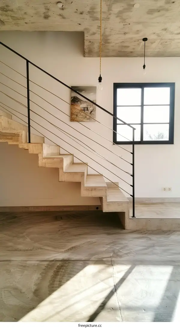 Staircase with wood and metal railing in a modern house