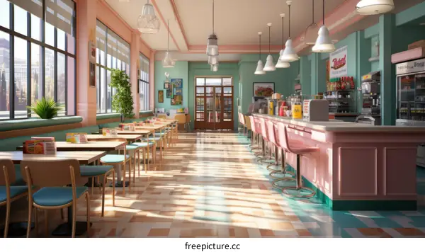 Retro Pink and Green Diner Interior with Tables, Chairs, and Bar Stools