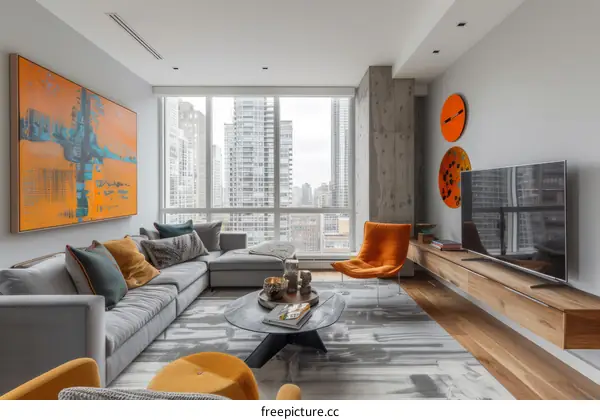Modern Living Room with Large Windows and Colorful Art