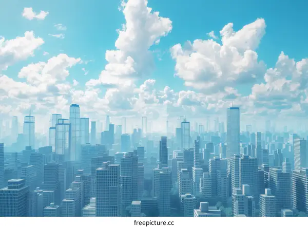 A cityscape with numerous skyscrapers and a clear blue sky