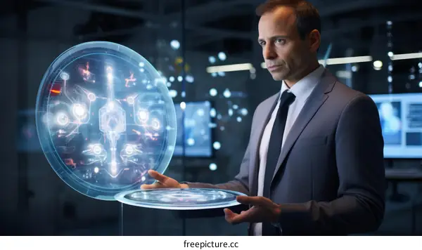 Businessman in suit holding a futuristic user interface in his hands