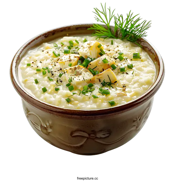 [Transparent Background PNG]Bowl of porridge with cheese and herbs