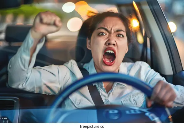 Furious Asian Woman Driving Car Yelling