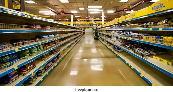 Empty Grocery Store Aisle with Shelves Full of Products