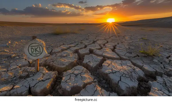 Arid desert landscape with a large crack in the foreground