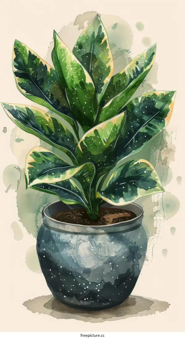 Watercolor Dieffenbachia Plant in Pot White Background