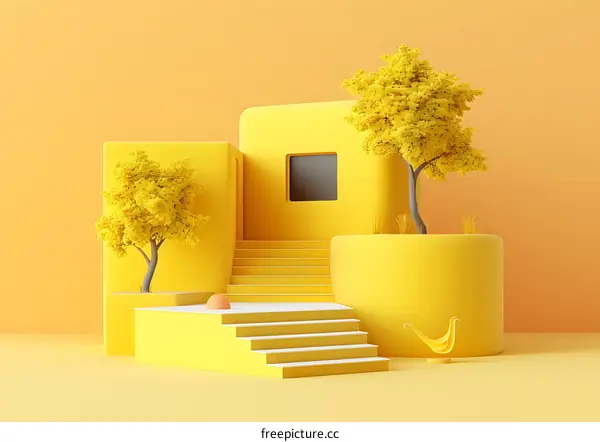 Yellow Minimalist 3D Render with Trees and Stairs