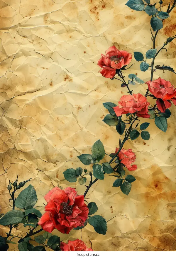 Vintage Rose Illustration - Red Flowers and Green Leaves