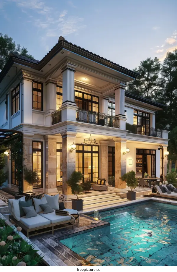 Luxury Mansion with Backyard Pool at Dusk
