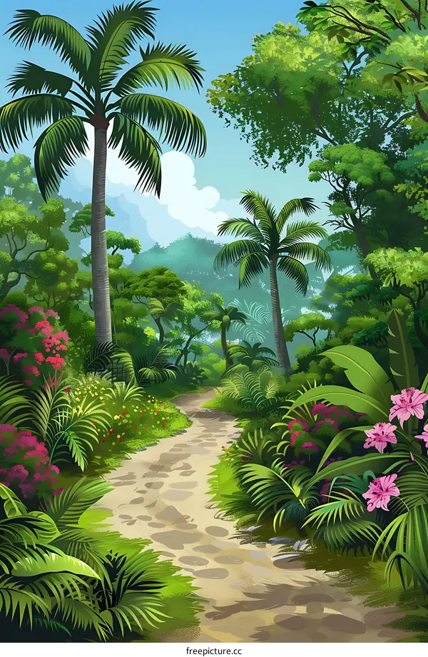 Tropical Rainforest Path with Palm Trees and Lush Greenery