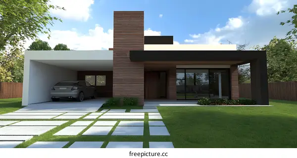 Modern House Exterior Design with Brick Wall and Garage