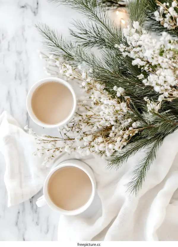 Two Cups of Coffee on a White Tablecloth with Greenery