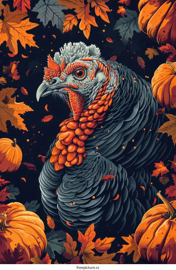 Thanksgiving Turkey with Pumpkins and Fall Leaves