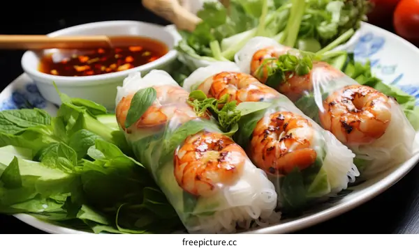 Fresh and delicious Vietnamese spring rolls with shrimp, herbs, and rice noodles