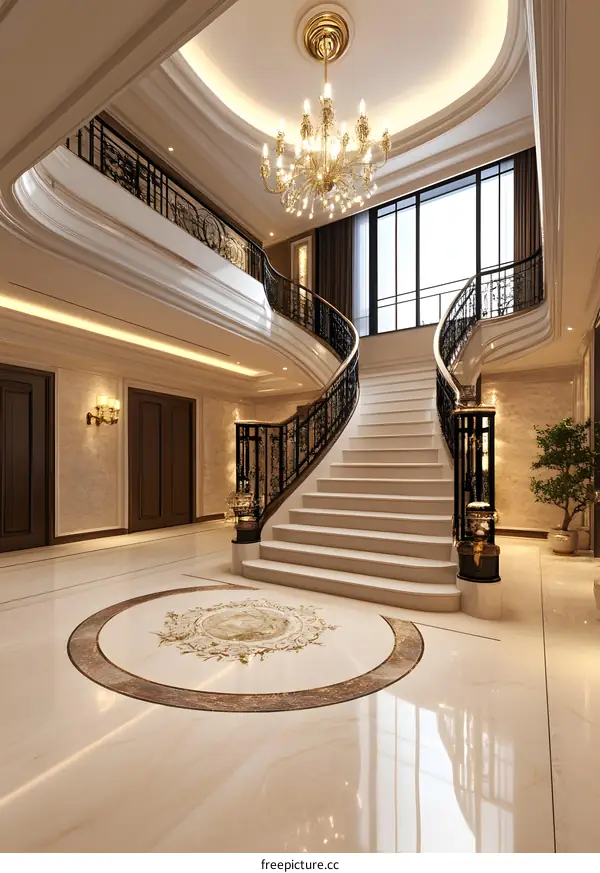 Modern Interior Design With White Marble Staircase and Chandelier