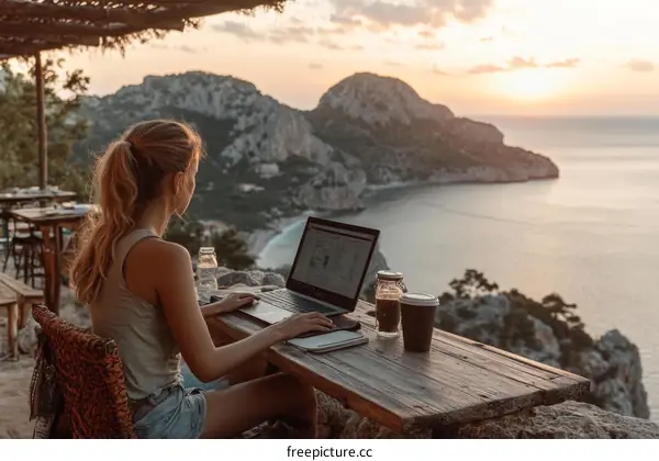 Woman Working on Laptop Outdoor Scenic View