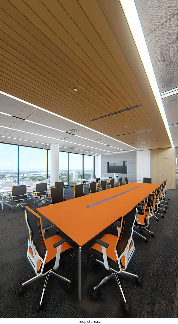 Modern Office Conference Room With Orange Table and Chairs