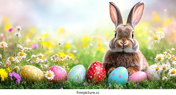 Easter Bunny in a Spring Meadow with Eggs