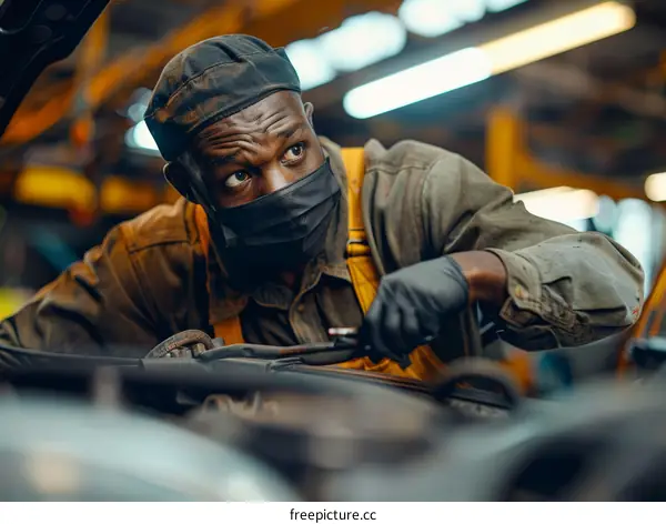 Black man repairing a car engine