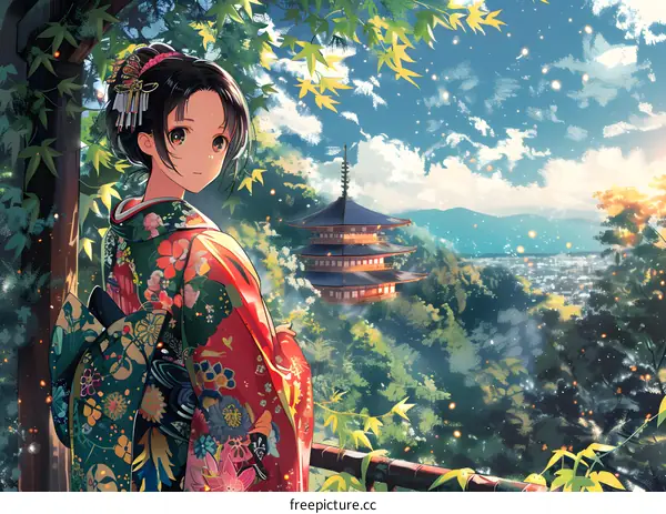 An anime girl wearing a kimono is standing in a lush green forest with a traditional Japanese pagoda in the background