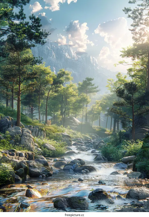 Tranquil Mountain Stream in Lush Forest