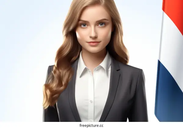 Portrait of a young Dutch woman in a formal suit with the Dutch flag in the background