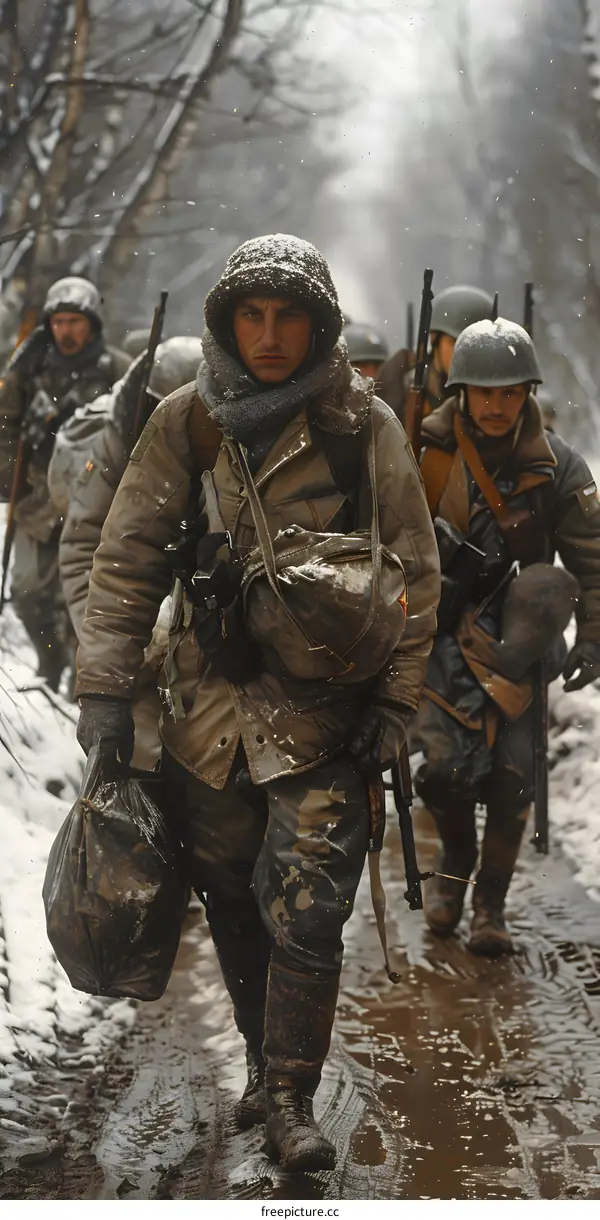 Soviet Soldiers Marching Through Snow During The Winter War