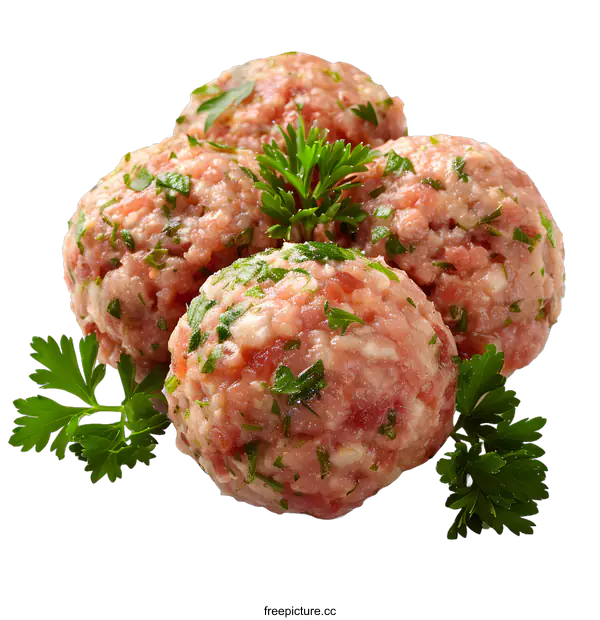 [Transparent Background PNG]Raw meatballs with herbs on white background