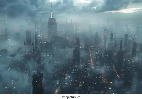 A dark and foggy cityscape with a single ray of light shining down on it.