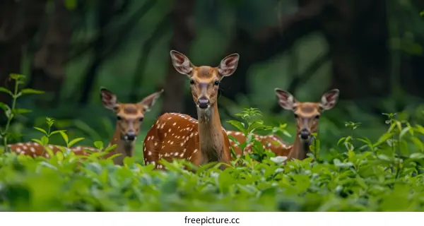 Three deer standing in a lush green forest