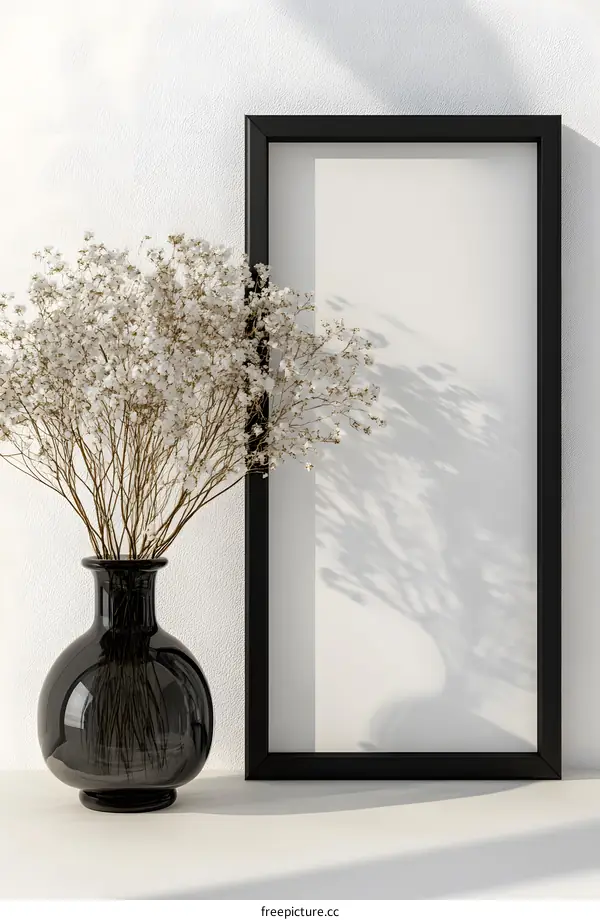 Black Frame with White Flowers in Vase Mockup