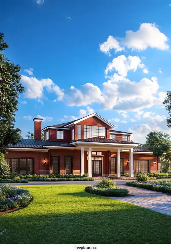 Beautiful Exterior of a Modern Brick House with Green Lawn and Blue Sky