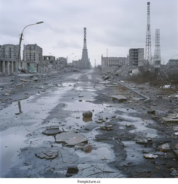 Post-apocalyptic city street with ruined buildings and debris