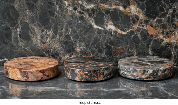 Three Round Marble Platforms Against Dark Marble Background