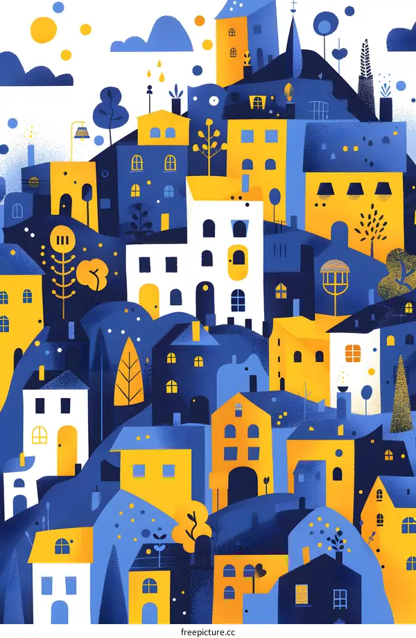 Colorful Illustration of a Cityscape with Houses and Buildings