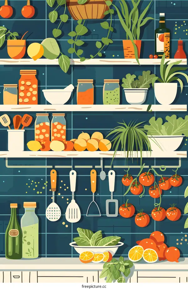 Kitchen Shelves Filled With Fresh Produce and Herbs