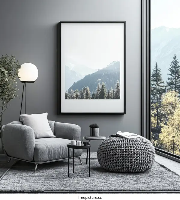 Modern Gray Living Room with Mountain Landscape Artwork