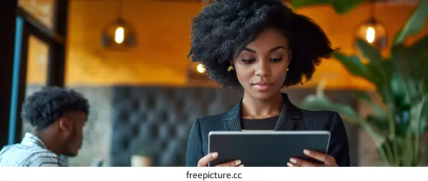 Black Businesswoman Using Tablet In Cafe