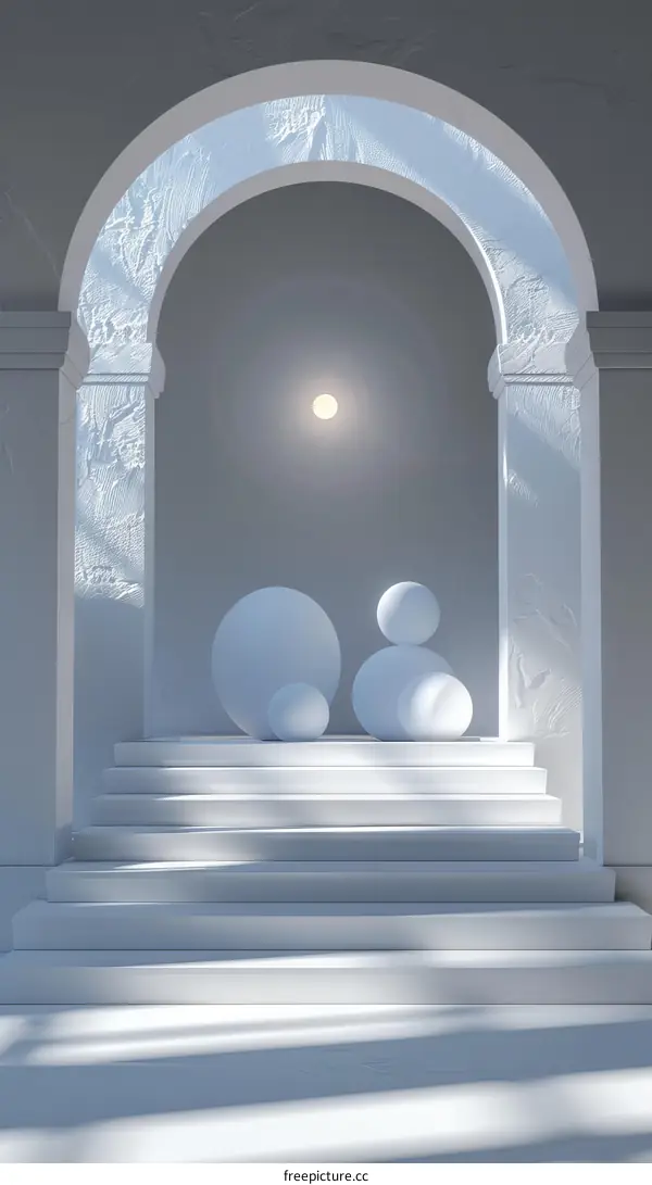 White Geometric Shapes Adorn the Steps of a Simple Archway