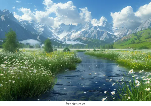 Stunning Alpine Meadow with River and Snow-Capped Mountains